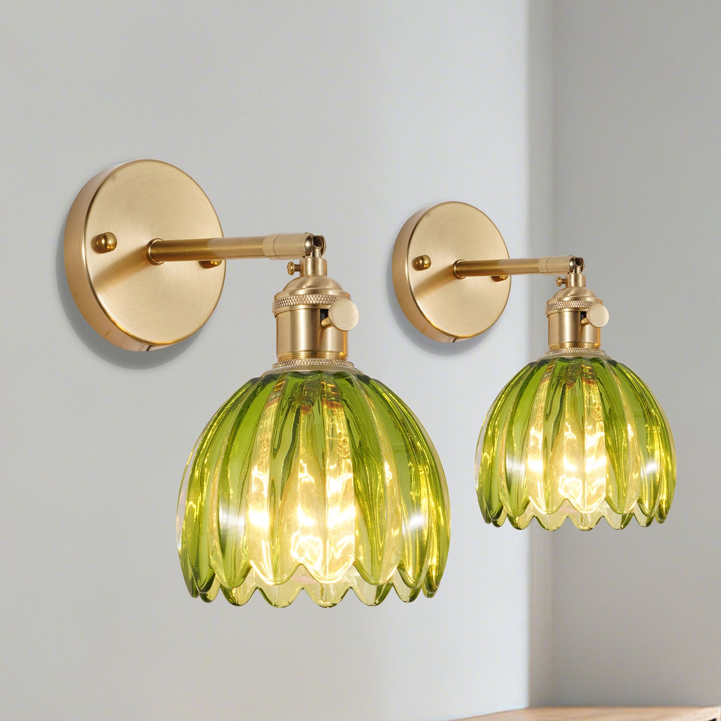 Green Glass Wall Sconce - Adjustable Brass Wall Light