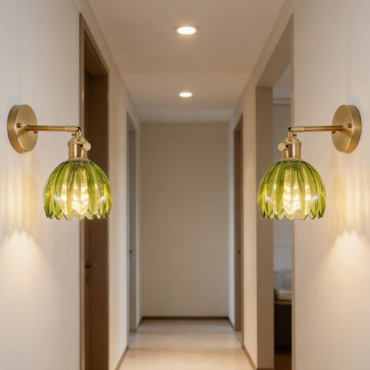 Green Glass Wall Sconce - Adjustable Brass Wall Light