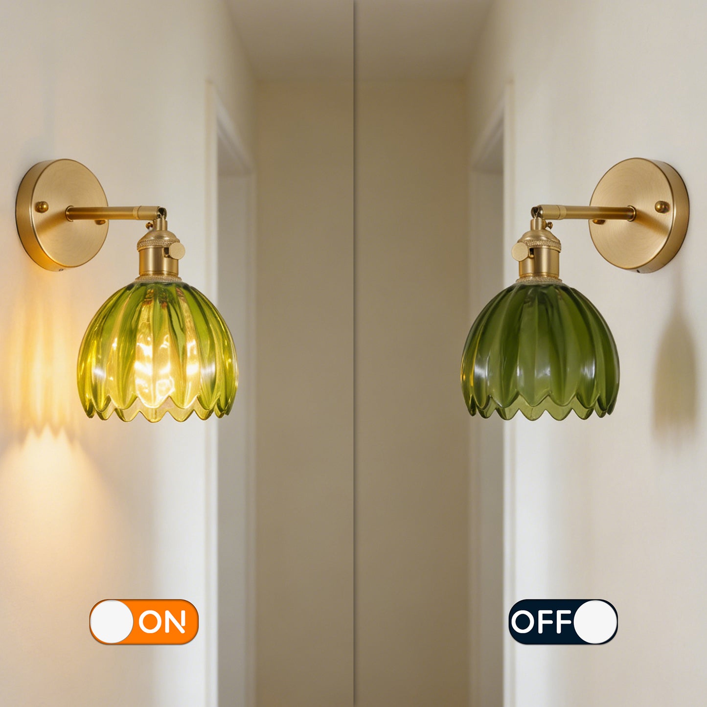 Green Glass Wall Sconce - Adjustable Brass Wall Light