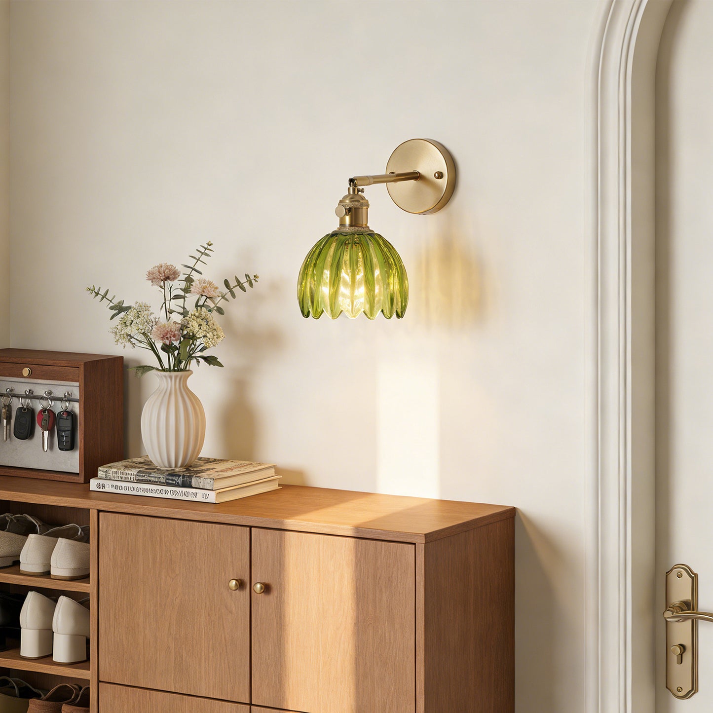 Green Glass Wall Sconce - Adjustable Brass Wall Light