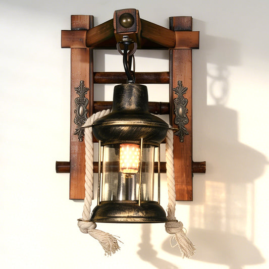 Vintage Industrial Wall Sconce, Rustic Wooden Wall Lantern with Hemp Rope Decor, E26 Base Farmhouse Wall Light Fixture, Retro Metal & Glass Wall Lamp
