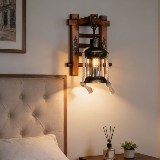 Vintage Industrial Wall Sconce, Rustic Wooden Wall Lantern with Hemp Rope Decor, E26 Base Farmhouse Wall Light Fixture, Retro Metal & Glass Wall Lamp