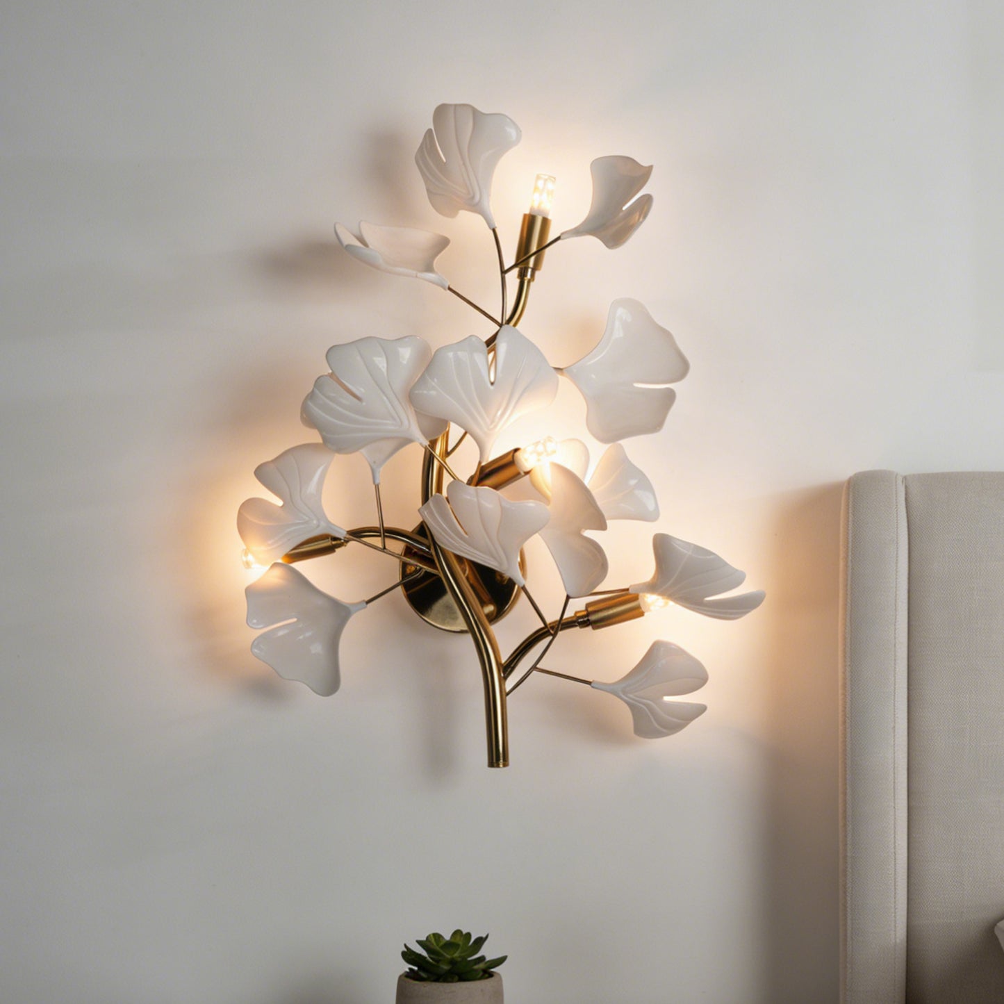 Modern Ginkgo Leaf Wall Sconce - White Ceramic & Gold Metal 3-Light G9 Wall Lamp (Incl 3-Color LED Light Source