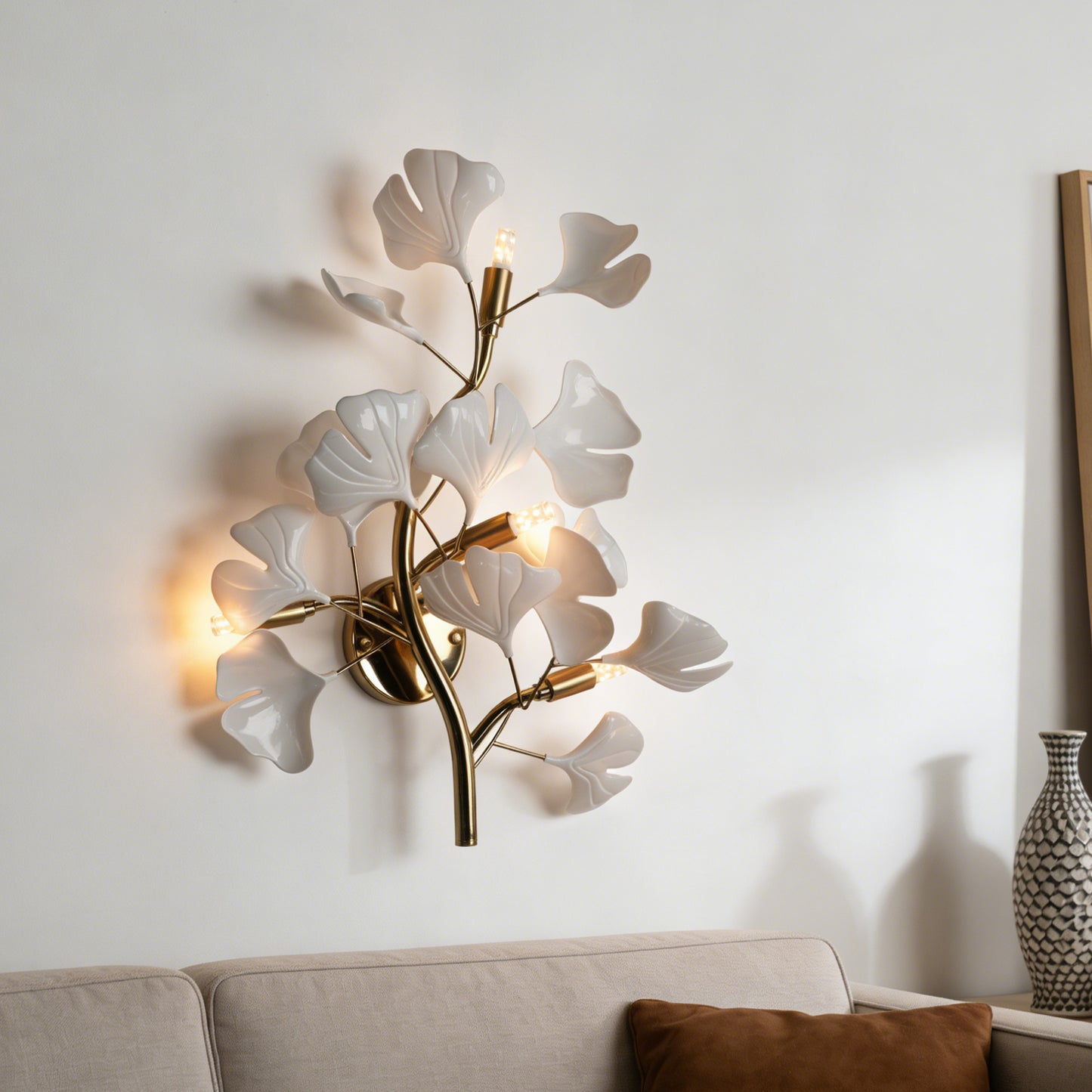 Modern Ginkgo Leaf Wall Sconce - White Ceramic & Gold Metal 3-Light G9 Wall Lamp (Incl 3-Color LED Light Source
