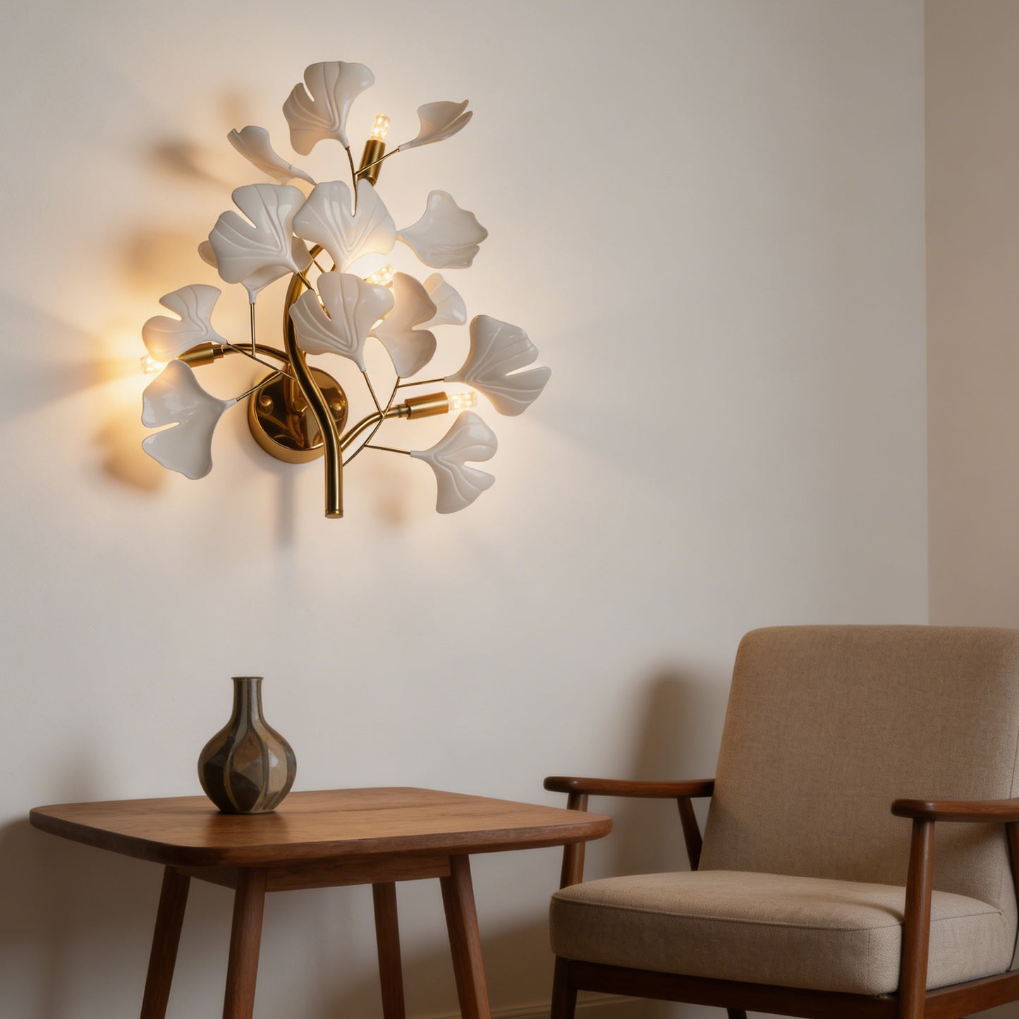 Modern Ginkgo Leaf Wall Sconce - White Ceramic & Gold Metal 3-Light G9 Wall Lamp (Incl 3-Color LED Light Source