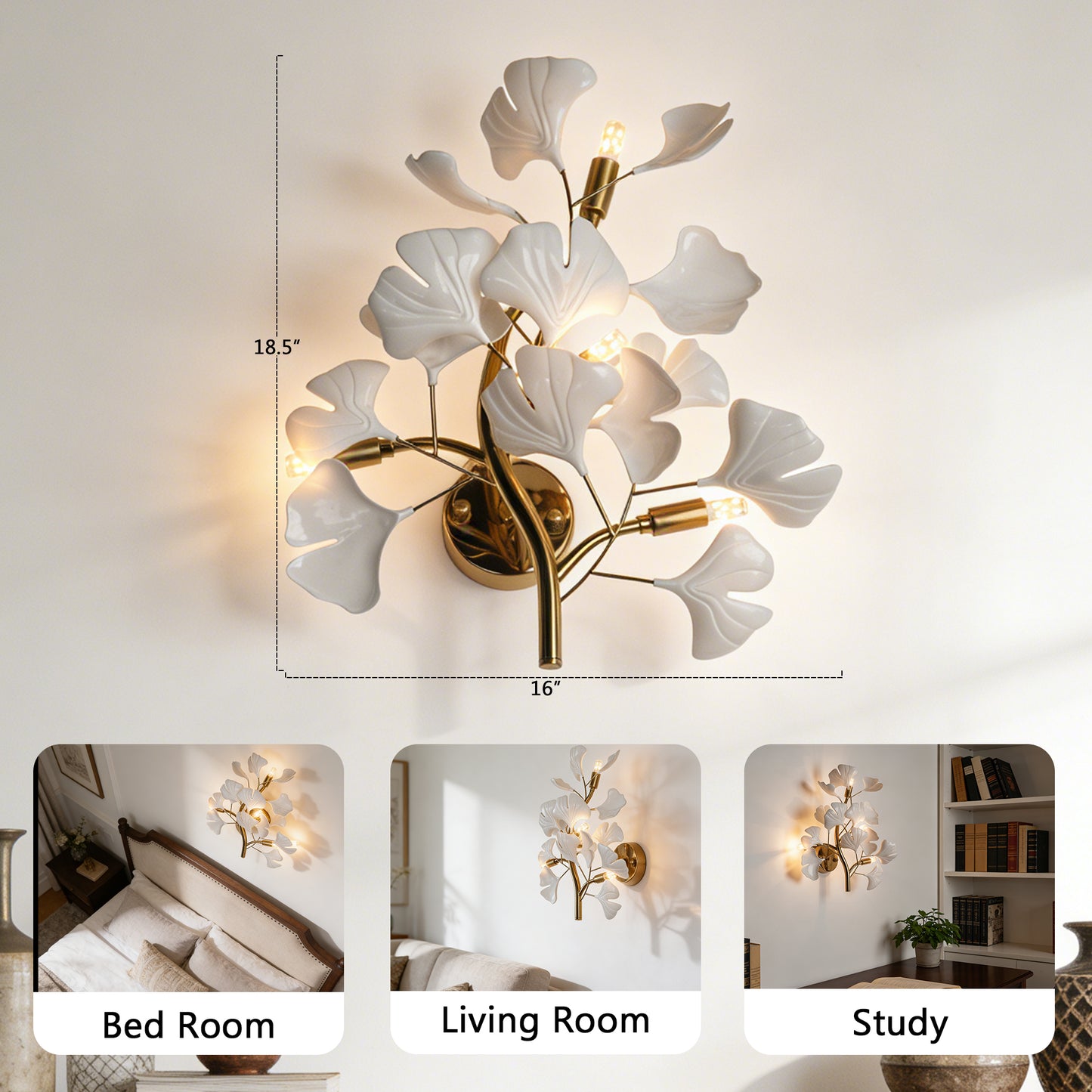 Modern Ginkgo Leaf Wall Sconce - White Ceramic & Gold Metal 3-Light G9 Wall Lamp (Incl 3-Color LED Light Source