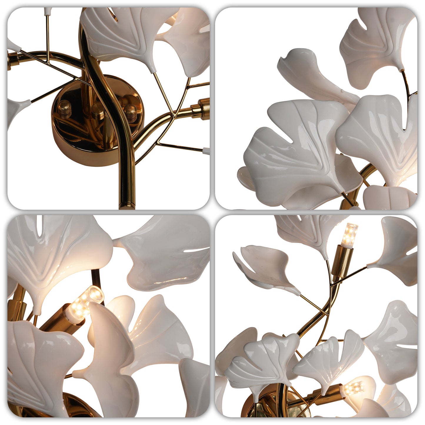Modern Ginkgo Leaf Wall Sconce - White Ceramic & Gold Metal 3-Light G9 Wall Lamp (Incl 3-Color LED Light Source