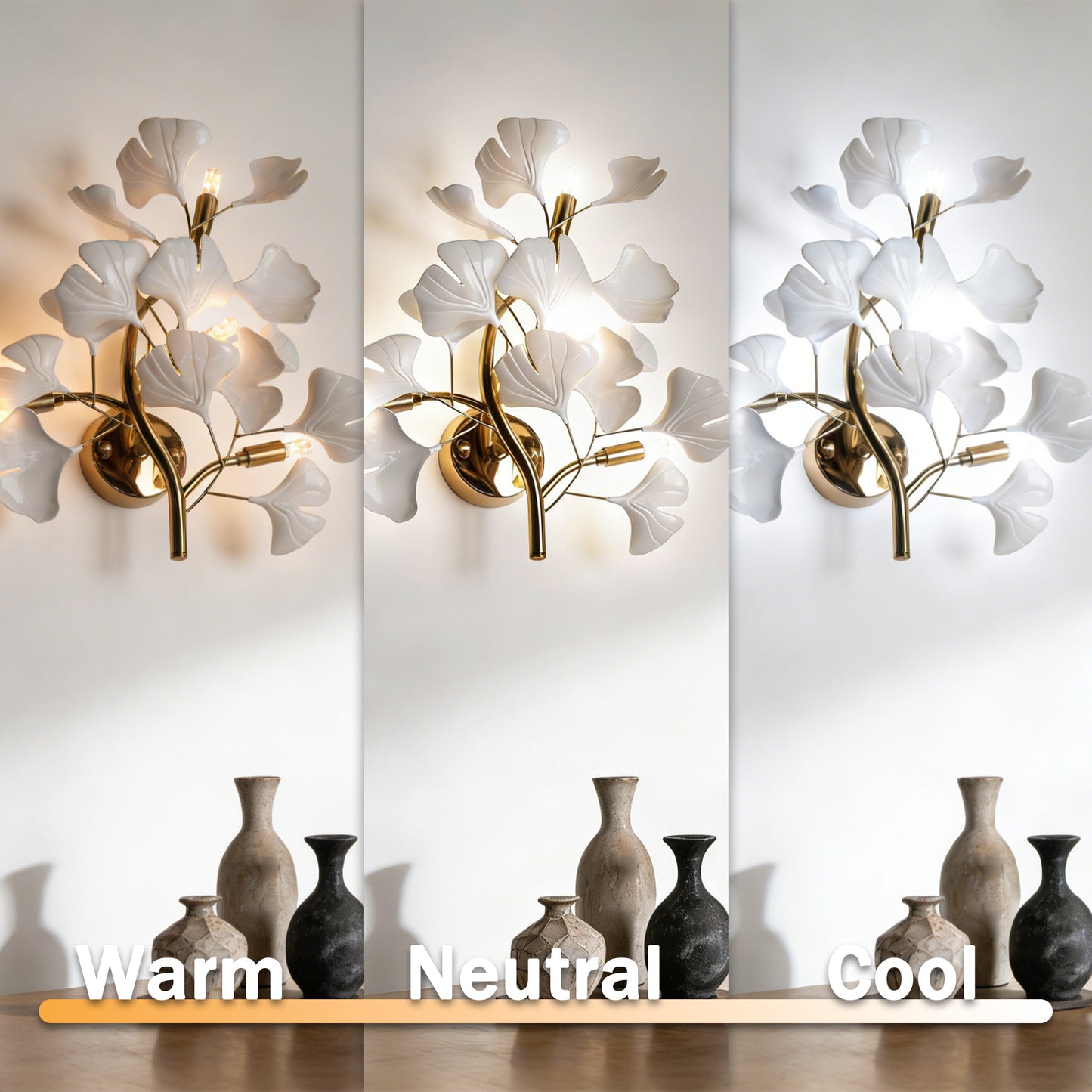 Modern Ginkgo Leaf Wall Sconce - White Ceramic & Gold Metal 3-Light G9 Wall Lamp (Incl 3-Color LED Light Source
