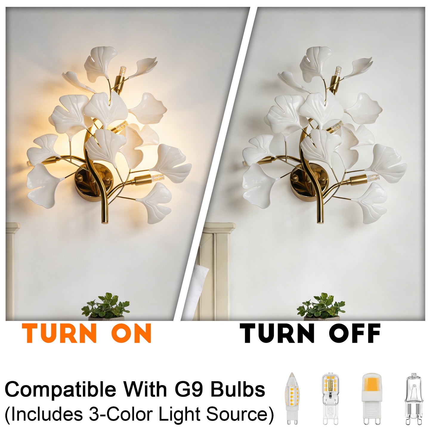 Modern Ginkgo Leaf Wall Sconce - White Ceramic & Gold Metal 3-Light G9 Wall Lamp (Incl 3-Color LED Light Source