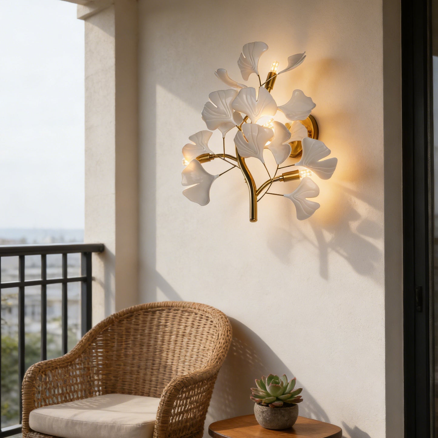 Modern Ginkgo Leaf Wall Sconce - White Ceramic & Gold Metal 3-Light G9 Wall Lamp (Incl 3-Color LED Light Source
