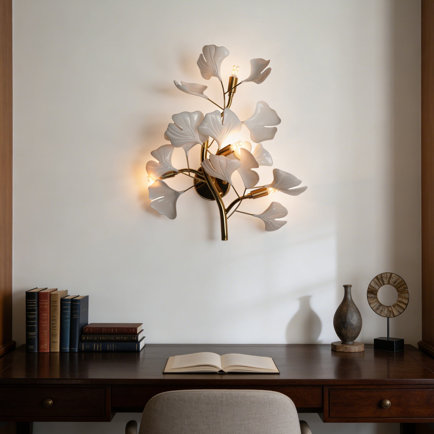 Modern Ginkgo Leaf Wall Sconce - White Ceramic & Gold Metal 3-Light G9 Wall Lamp (Incl 3-Color LED Light Source