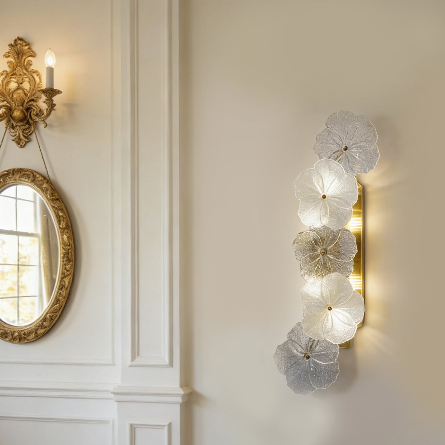 Modern Glass Flower Wall Sconce - Brass 3-Color Dimmable LED Wall Light (G9 Base)