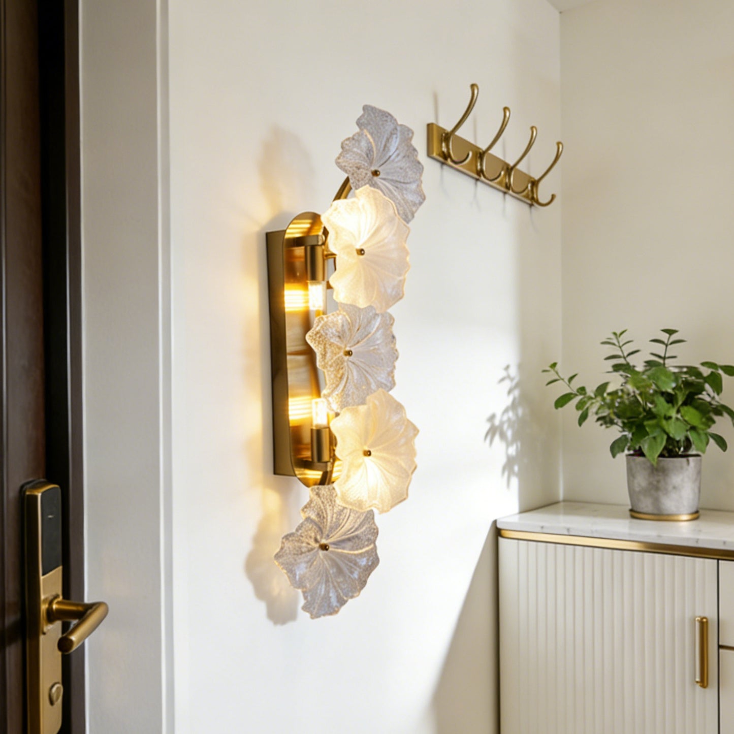 Modern Glass Flower Wall Sconce - Brass 3-Color Dimmable LED Wall Light (G9 Base)