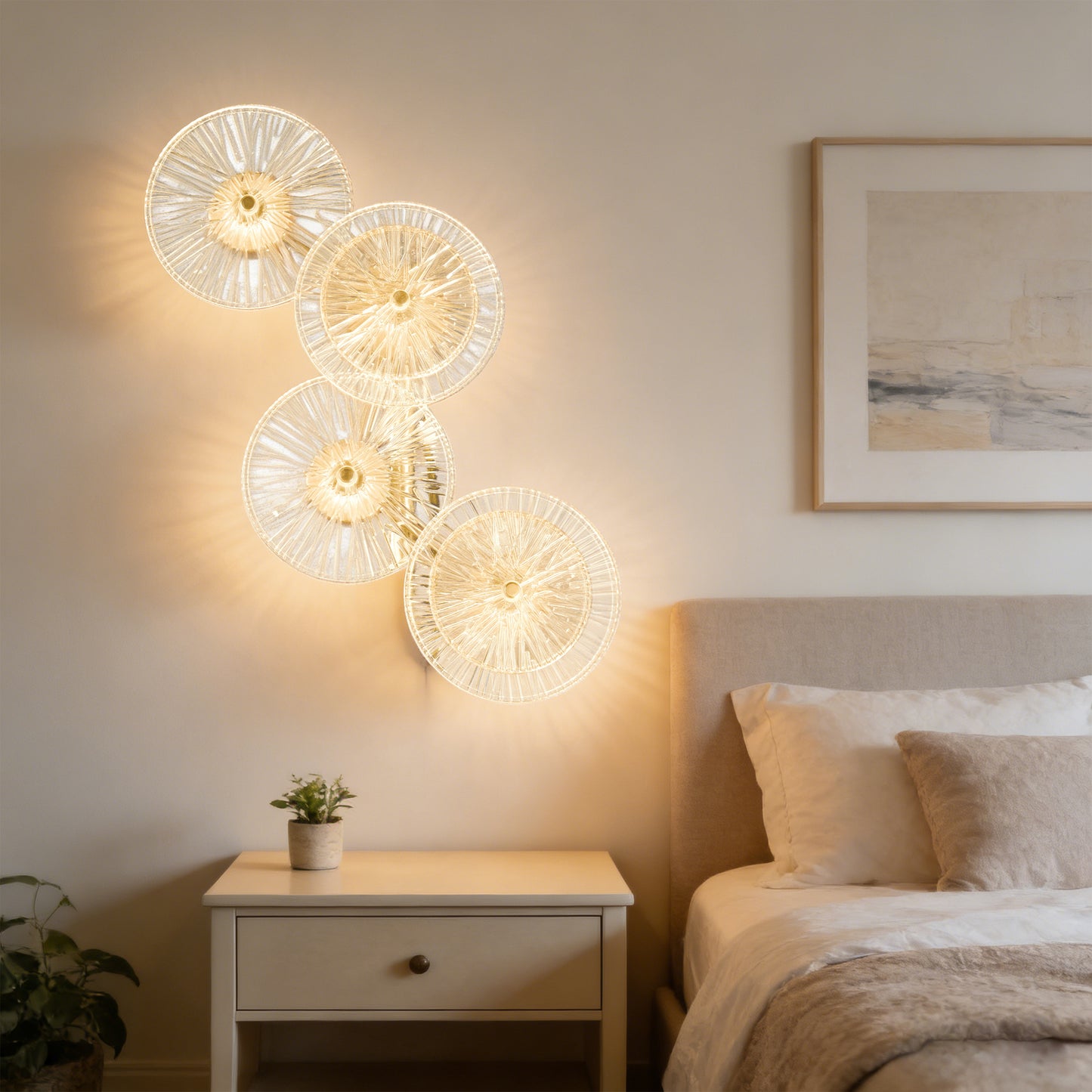 Modern 4-Head Gold & Ribbed Glass Wall Sconce - LED Wall Light Fixture
