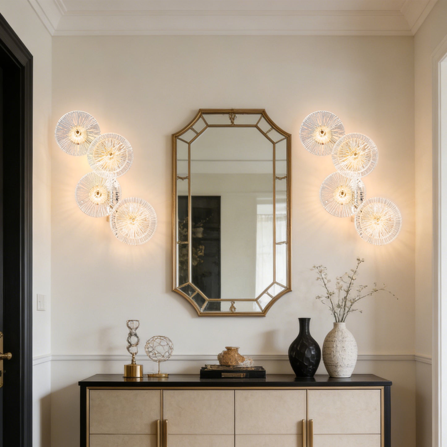 Modern 4-Head Gold & Ribbed Glass Wall Sconce - LED Wall Light Fixture