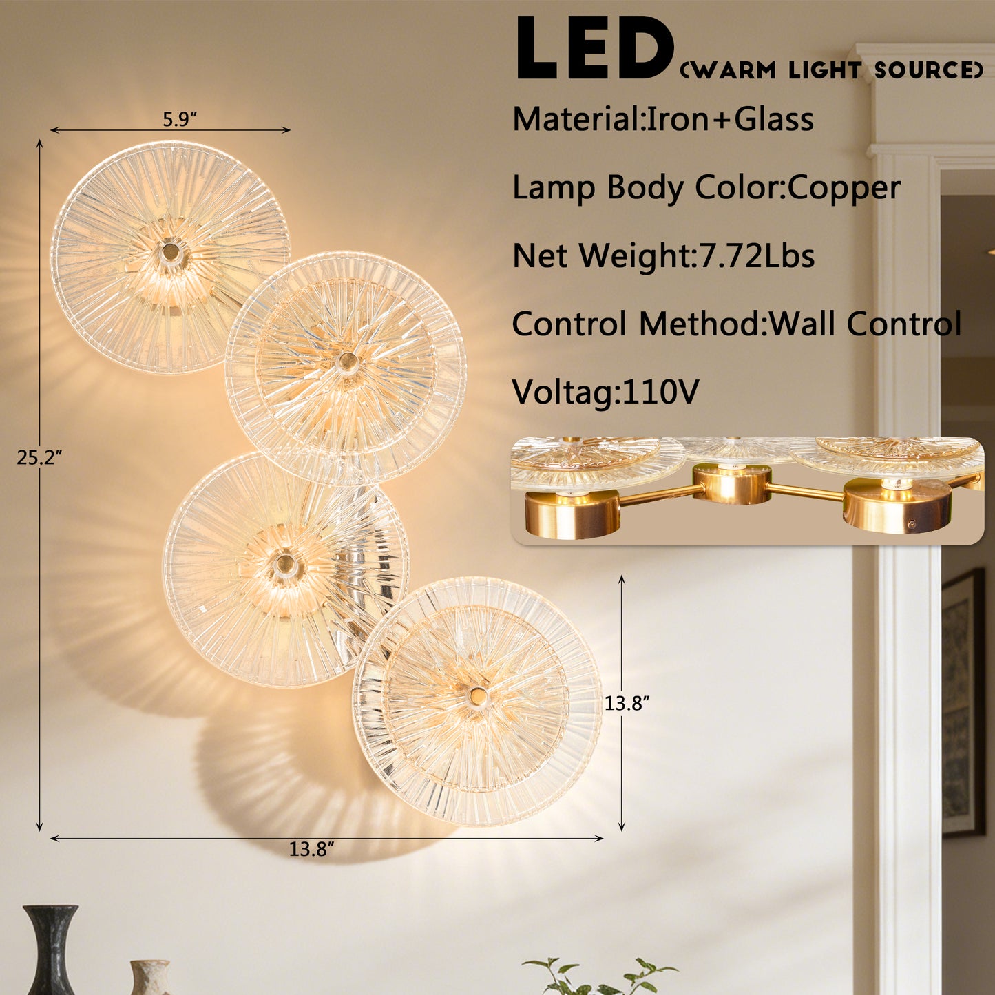 Modern 4-Head Gold & Ribbed Glass Wall Sconce - LED Wall Light Fixture