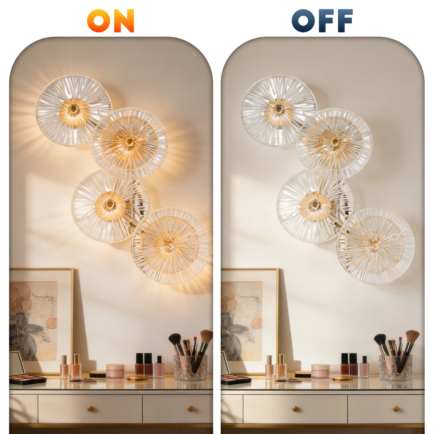 Modern 4-Head Gold & Ribbed Glass Wall Sconce - LED Wall Light Fixture