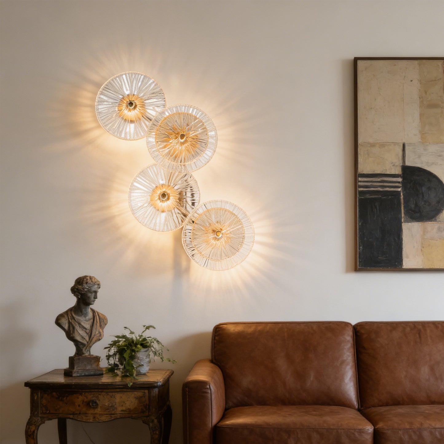 Modern 4-Head Gold & Ribbed Glass Wall Sconce - LED Wall Light Fixture