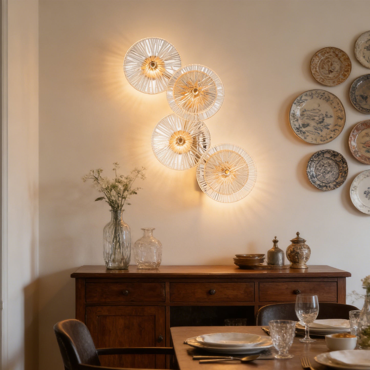 Modern 4-Head Gold & Ribbed Glass Wall Sconce - LED Wall Light Fixture