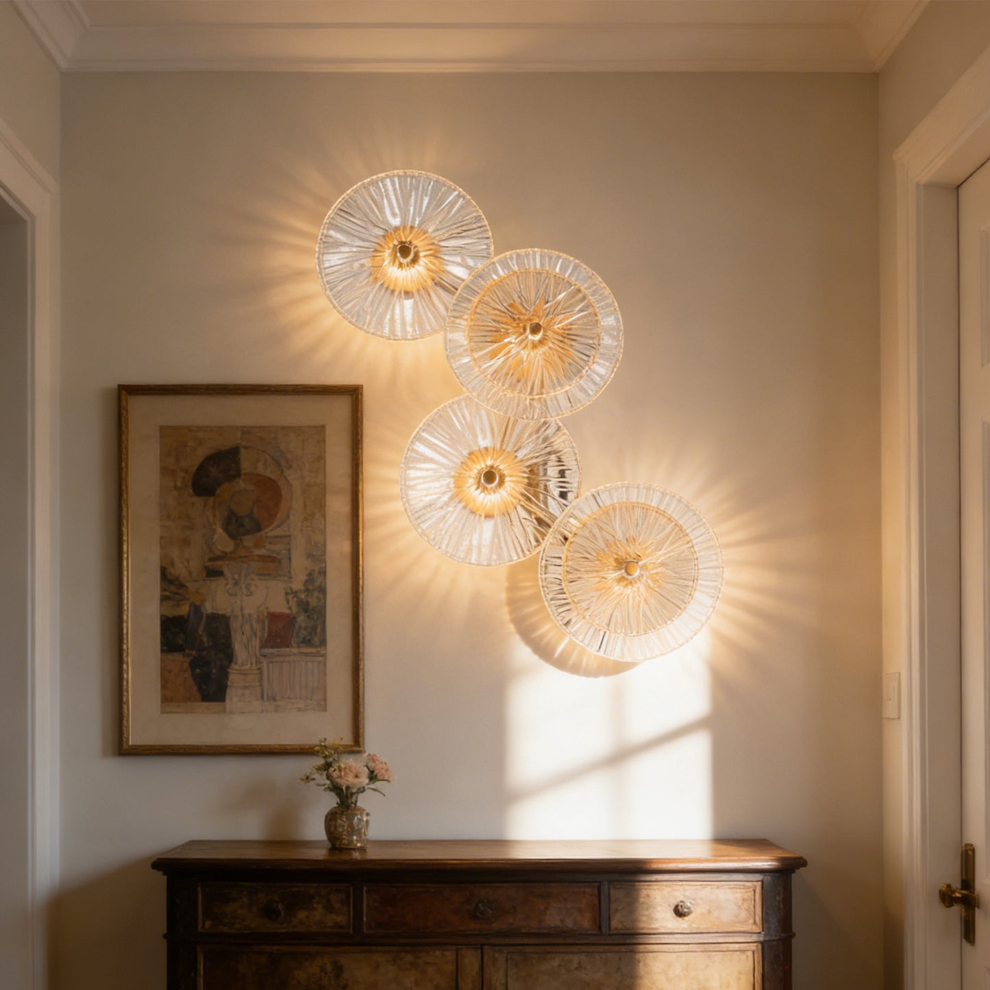 Modern 4-Head Gold & Ribbed Glass Wall Sconce - LED Wall Light Fixture