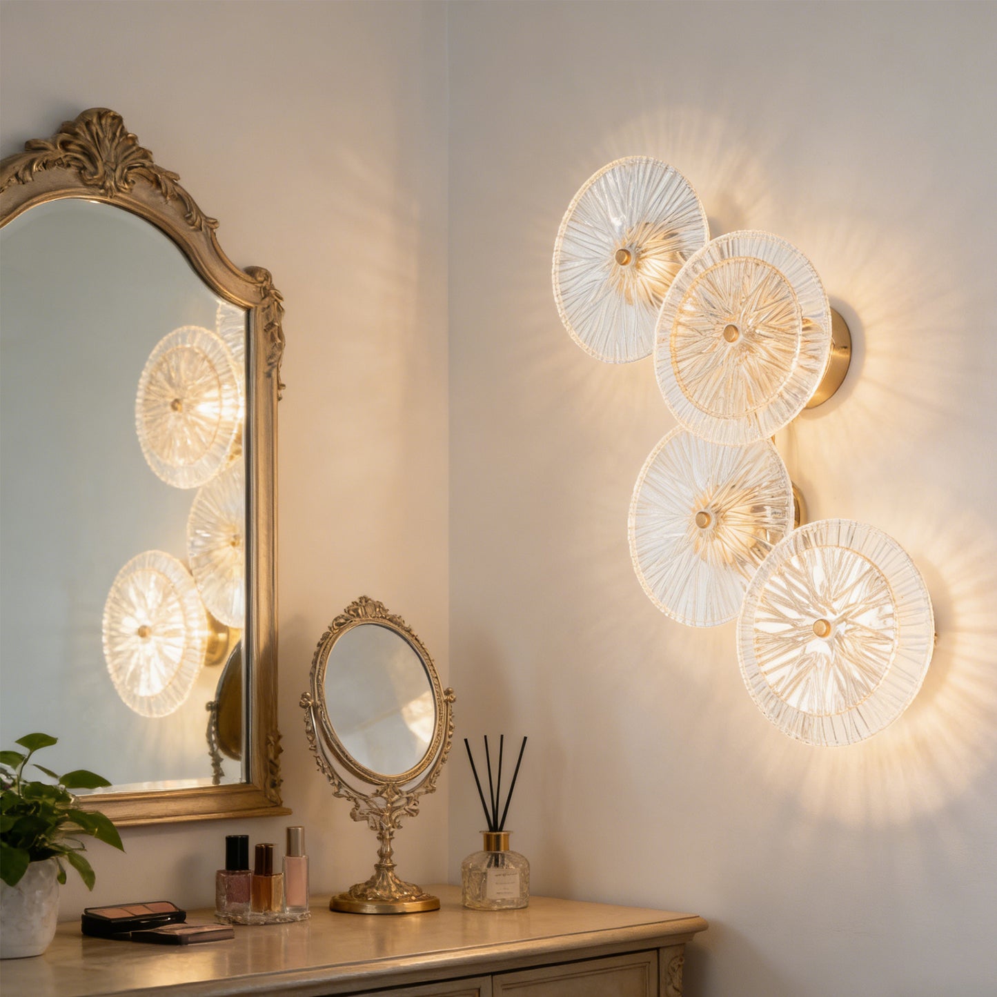 Modern 4-Head Gold & Ribbed Glass Wall Sconce - LED Wall Light Fixture