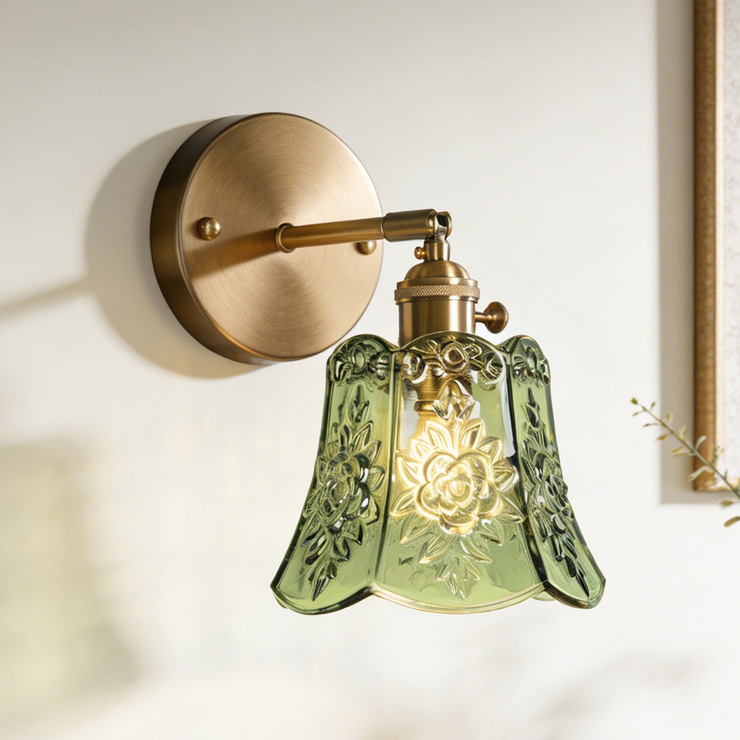 Vintage Floral Green Glass Wall Sconce - Brushed Brass Adjustable Angle E26 Wall Lamp