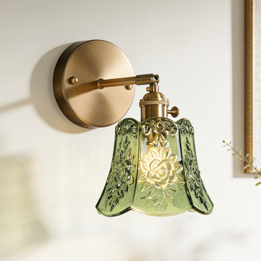 Vintage Floral Green Glass Wall Sconce - Brushed Brass Adjustable Angle E26 Wall Lamp