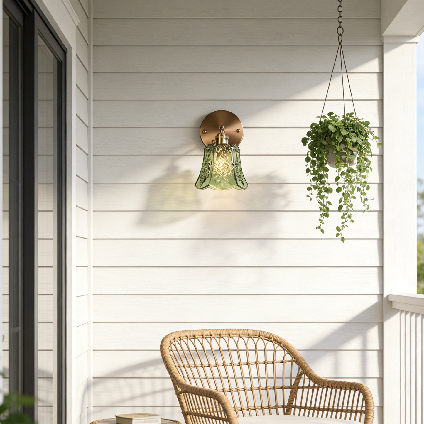 Vintage Floral Green Glass Wall Sconce - Brushed Brass Adjustable Angle E26 Wall Lamp