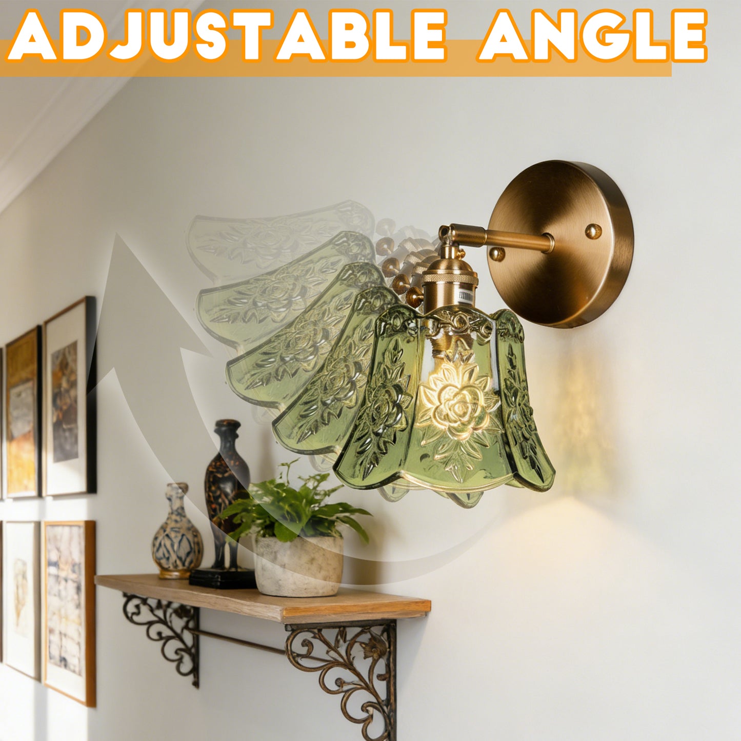 Vintage Floral Green Glass Wall Sconce - Brushed Brass Adjustable Angle E26 Wall Lamp