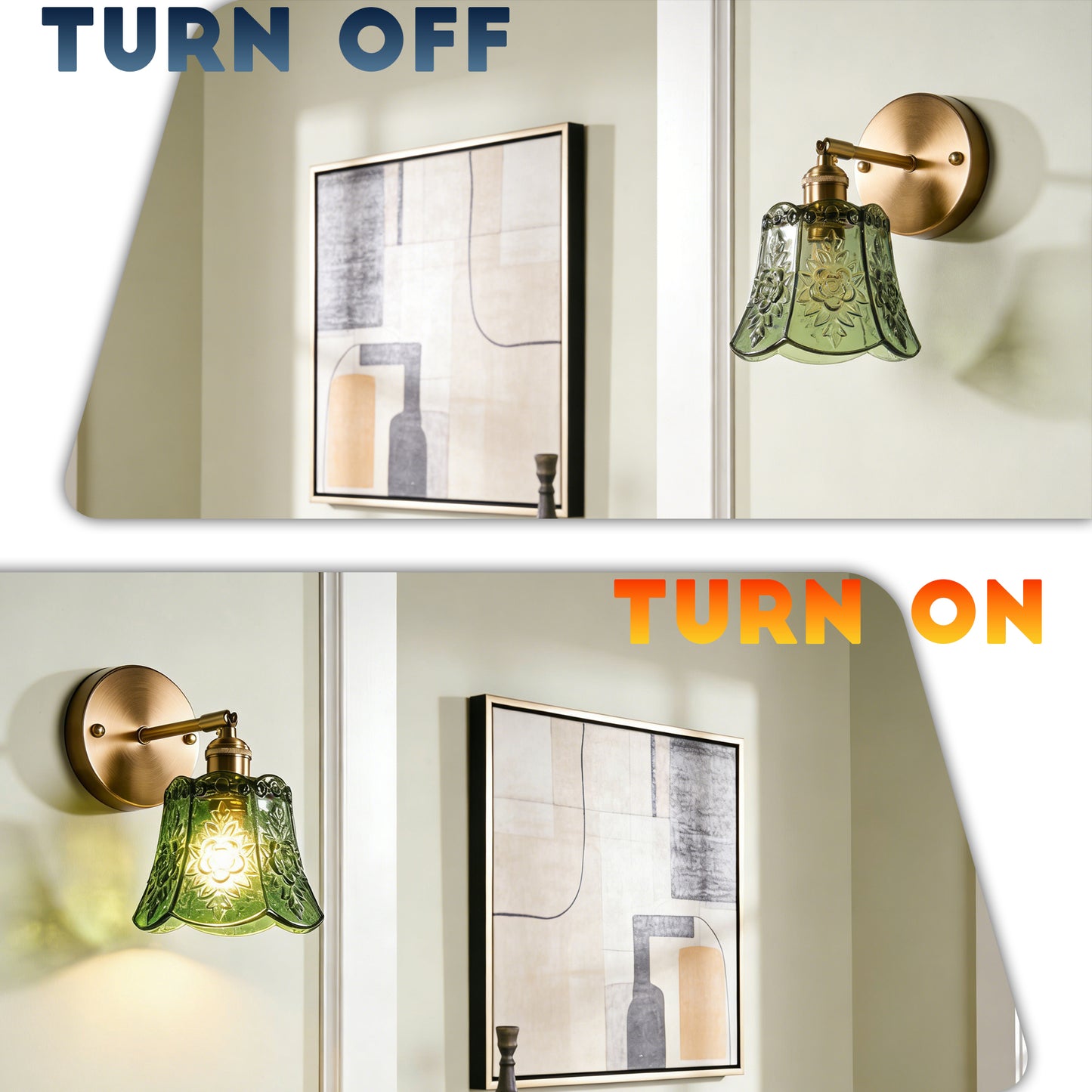 Vintage Floral Green Glass Wall Sconce - Brushed Brass Adjustable Angle E26 Wall Lamp