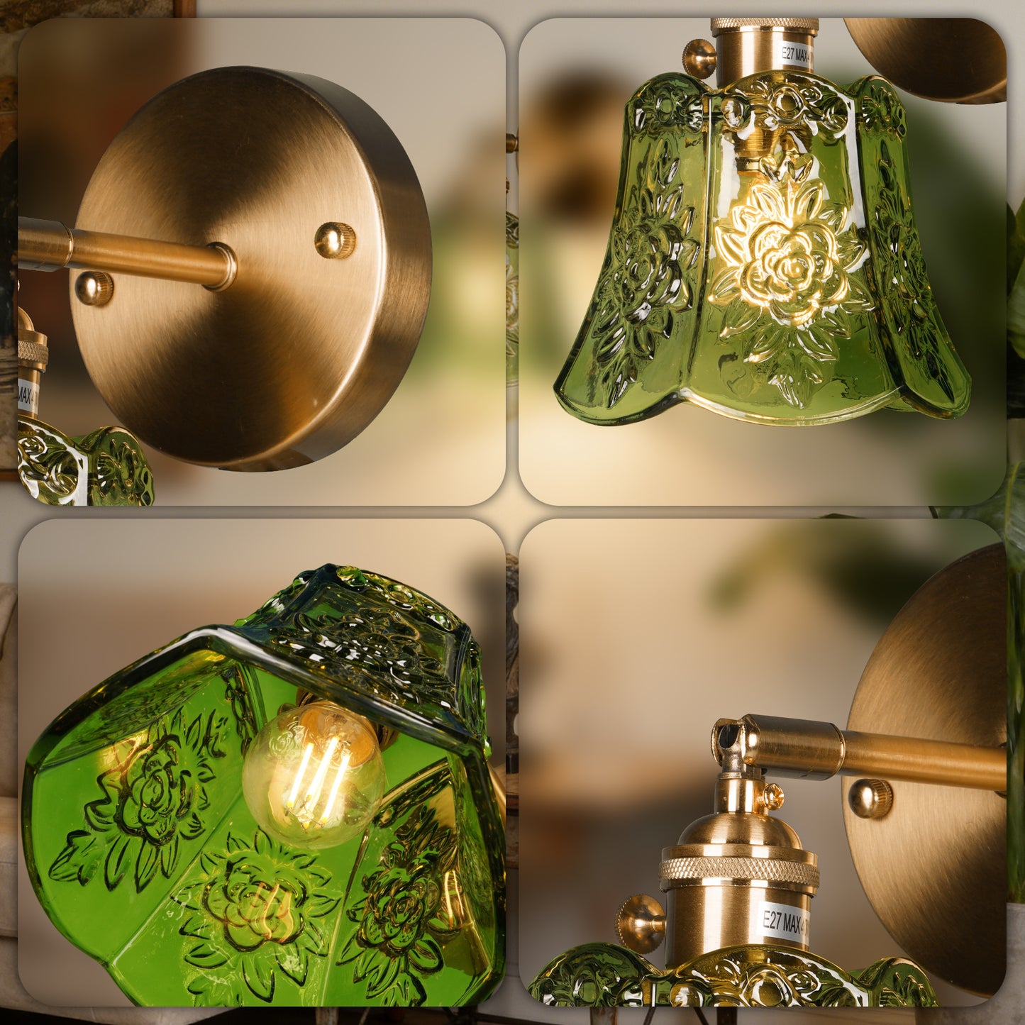 Vintage Floral Green Glass Wall Sconce - Brushed Brass Adjustable Angle E26 Wall Lamp