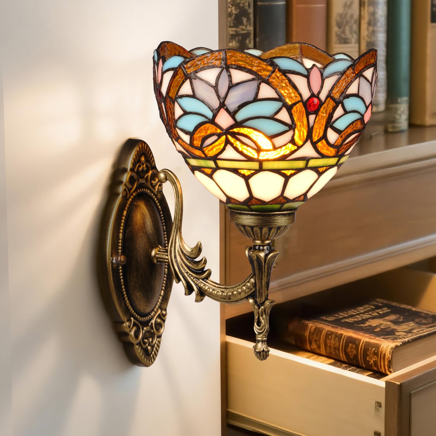 Tiffany Style Stained Glass Wall Sconce - Multicolor Floral Pattern Antique Bronze 1-Light E26 Wall Lamp