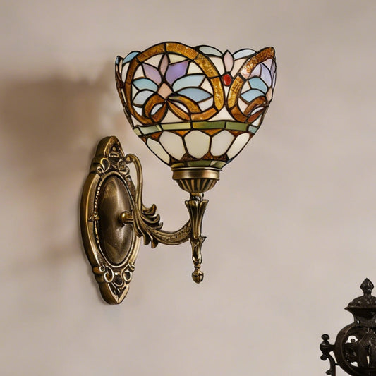 Tiffany Style Stained Glass Wall Sconce - Multicolor Floral Pattern Antique Bronze 1-Light E26 Wall Lamp