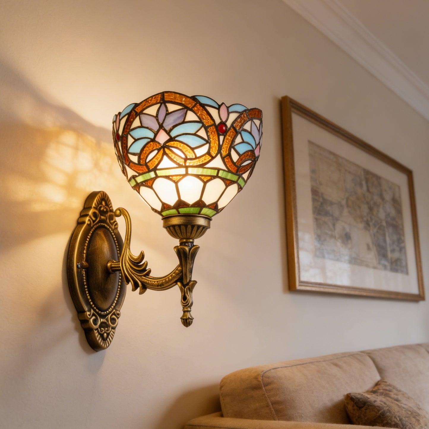 Tiffany Style Stained Glass Wall Sconce - Multicolor Floral Pattern Antique Bronze 1-Light E26 Wall Lamp