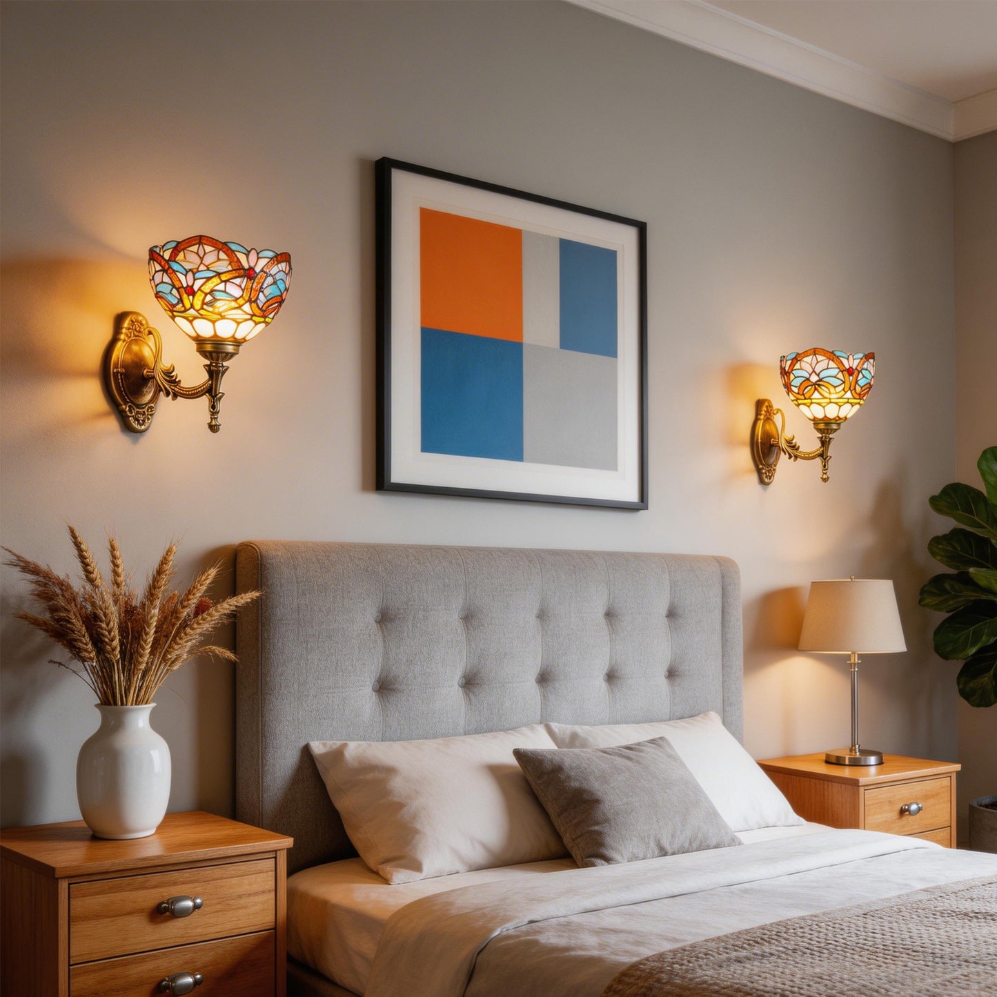 Tiffany Style Stained Glass Wall Sconce - Multicolor Floral Pattern Antique Bronze 1-Light E26 Wall Lamp