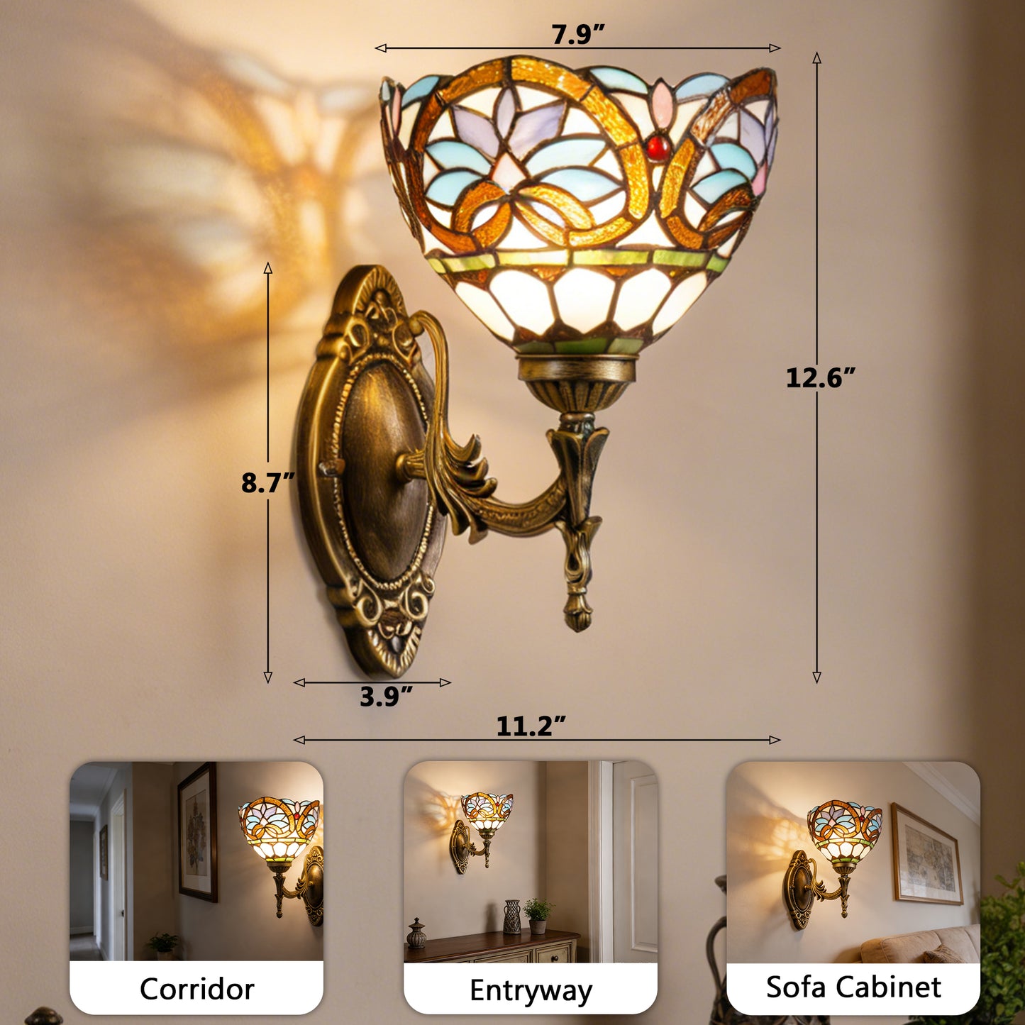 Tiffany Style Stained Glass Wall Sconce - Multicolor Floral Pattern Antique Bronze 1-Light E26 Wall Lamp