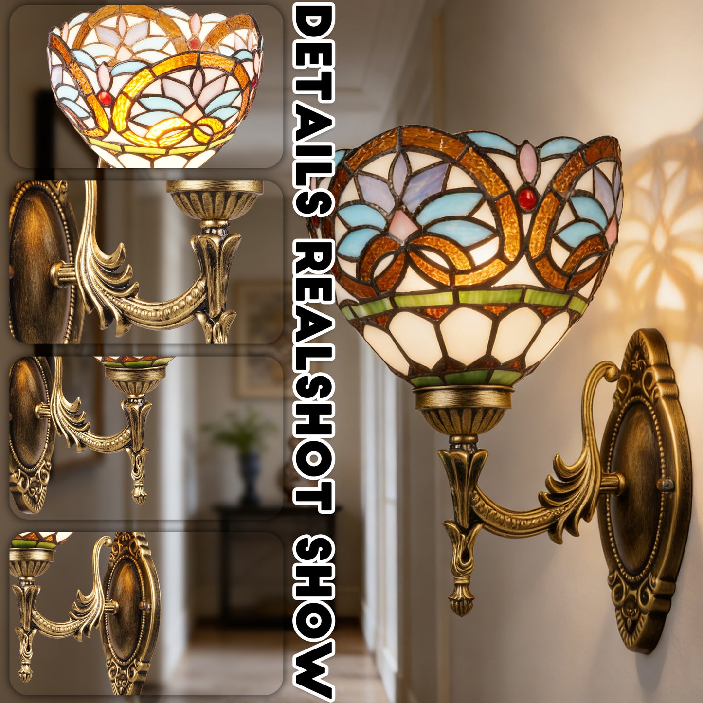 Tiffany Style Stained Glass Wall Sconce - Multicolor Floral Pattern Antique Bronze 1-Light E26 Wall Lamp