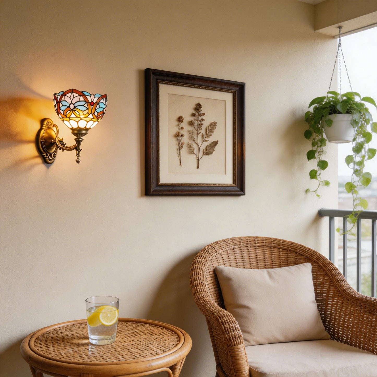 Tiffany Style Stained Glass Wall Sconce - Multicolor Floral Pattern Antique Bronze 1-Light E26 Wall Lamp