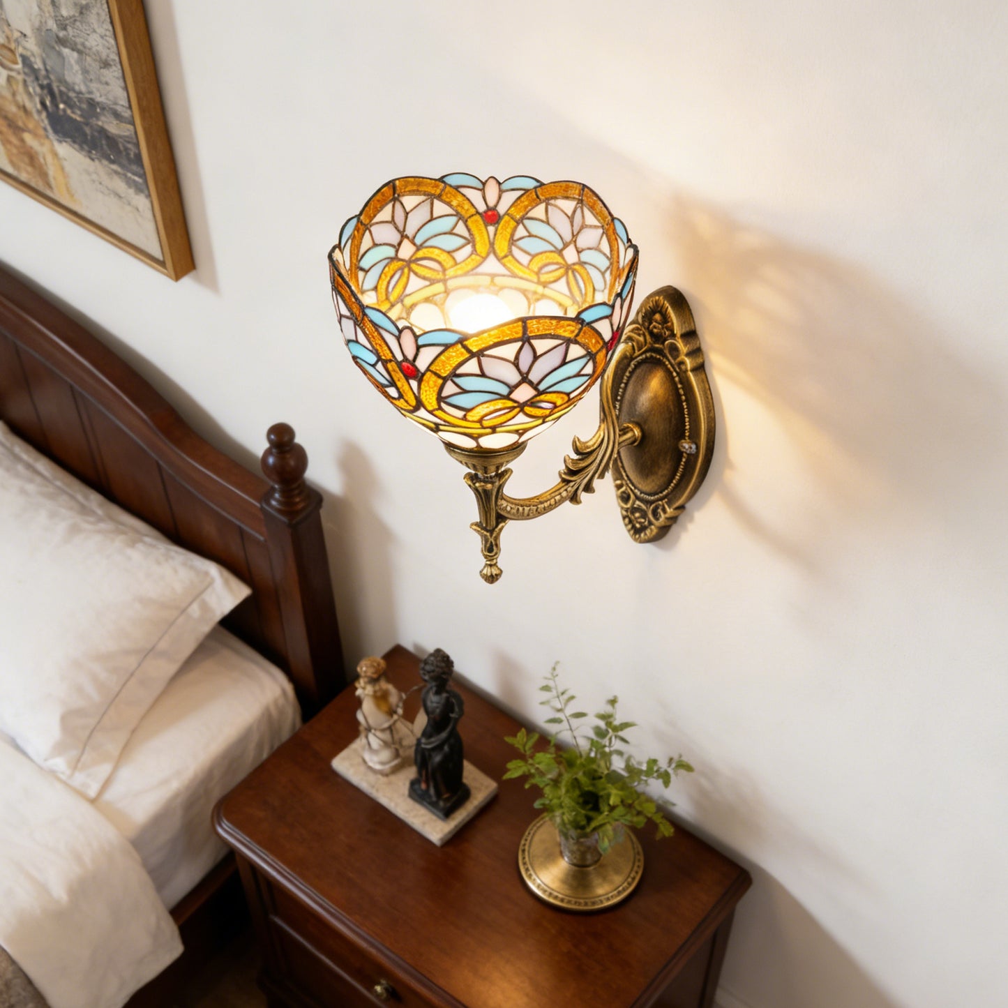 Tiffany Style Stained Glass Wall Sconce - Multicolor Floral Pattern Antique Bronze 1-Light E26 Wall Lamp