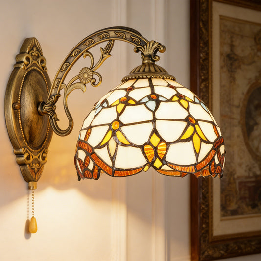 Vintage Stained Glass Wall Sconce - Decorative Pull Chain Wall Lamp with Bronze Metal Arm, E26 Socket, Stained Glass Shade(Bulb Not Included)