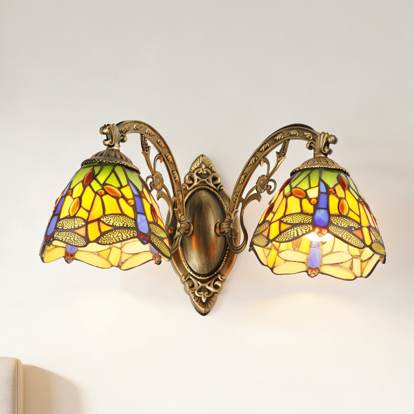 Tiffany Style Dragonfly Stained Glass 2-Light Wall Sconce - Antique Bronze Double E26 Wall Lamp