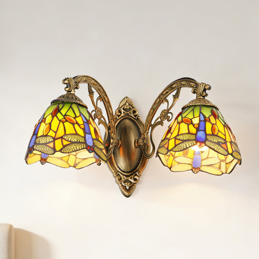 Tiffany Style Dragonfly Stained Glass 2-Light Wall Sconce - Antique Bronze Double E26 Wall Lamp