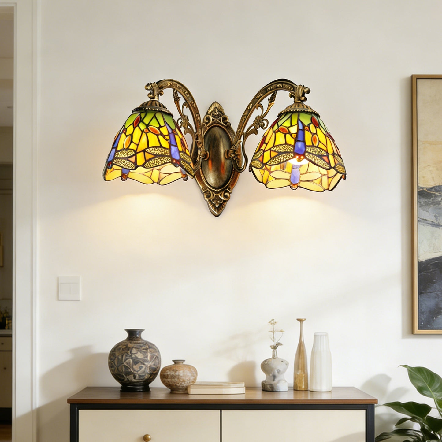 Tiffany Style Dragonfly Stained Glass 2-Light Wall Sconce - Antique Bronze Double E26 Wall Lamp