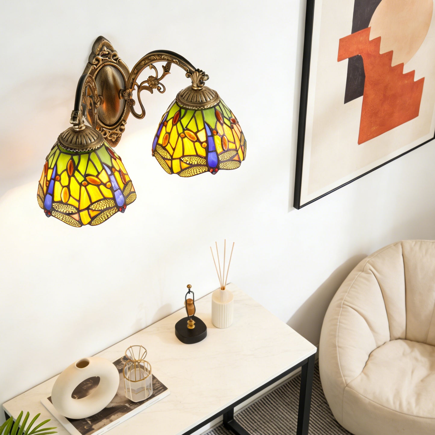 Tiffany Style Dragonfly Stained Glass 2-Light Wall Sconce - Antique Bronze Double E26 Wall Lamp