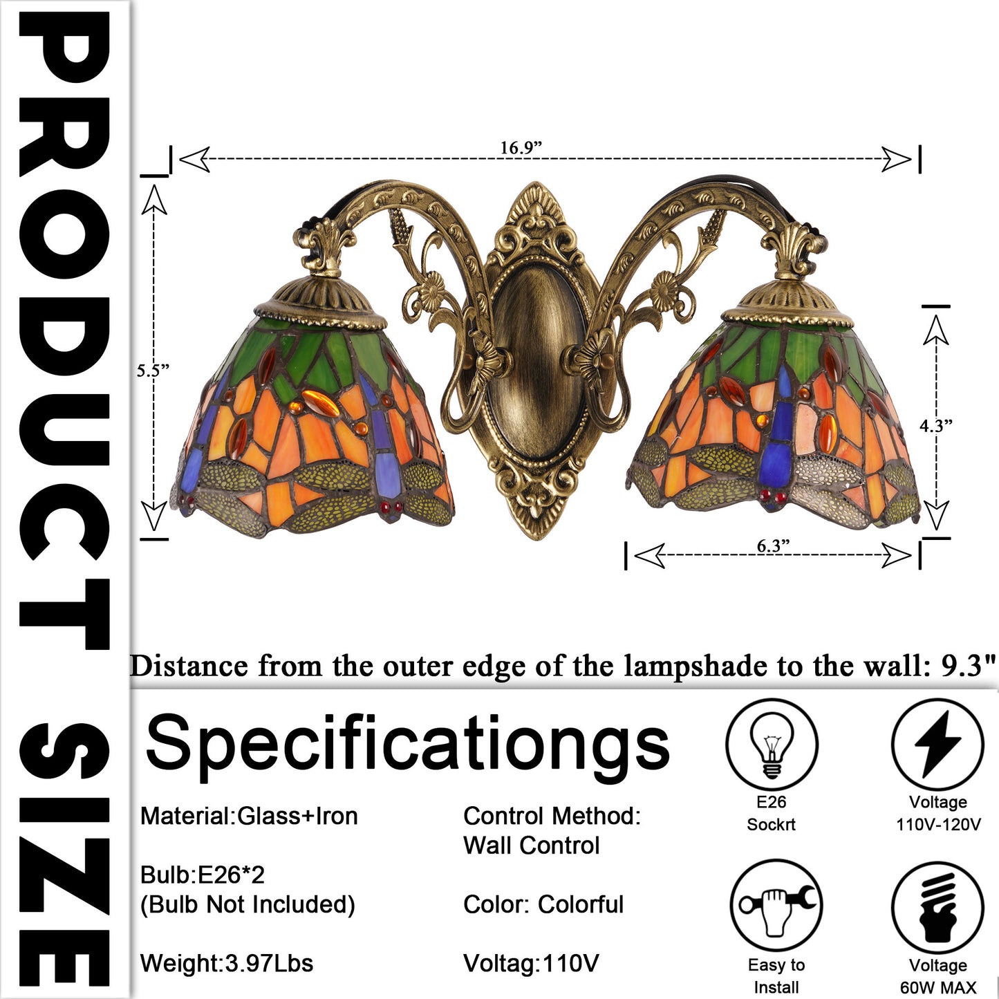 Tiffany Style Dragonfly Stained Glass 2-Light Wall Sconce - Antique Bronze Double E26 Wall Lamp