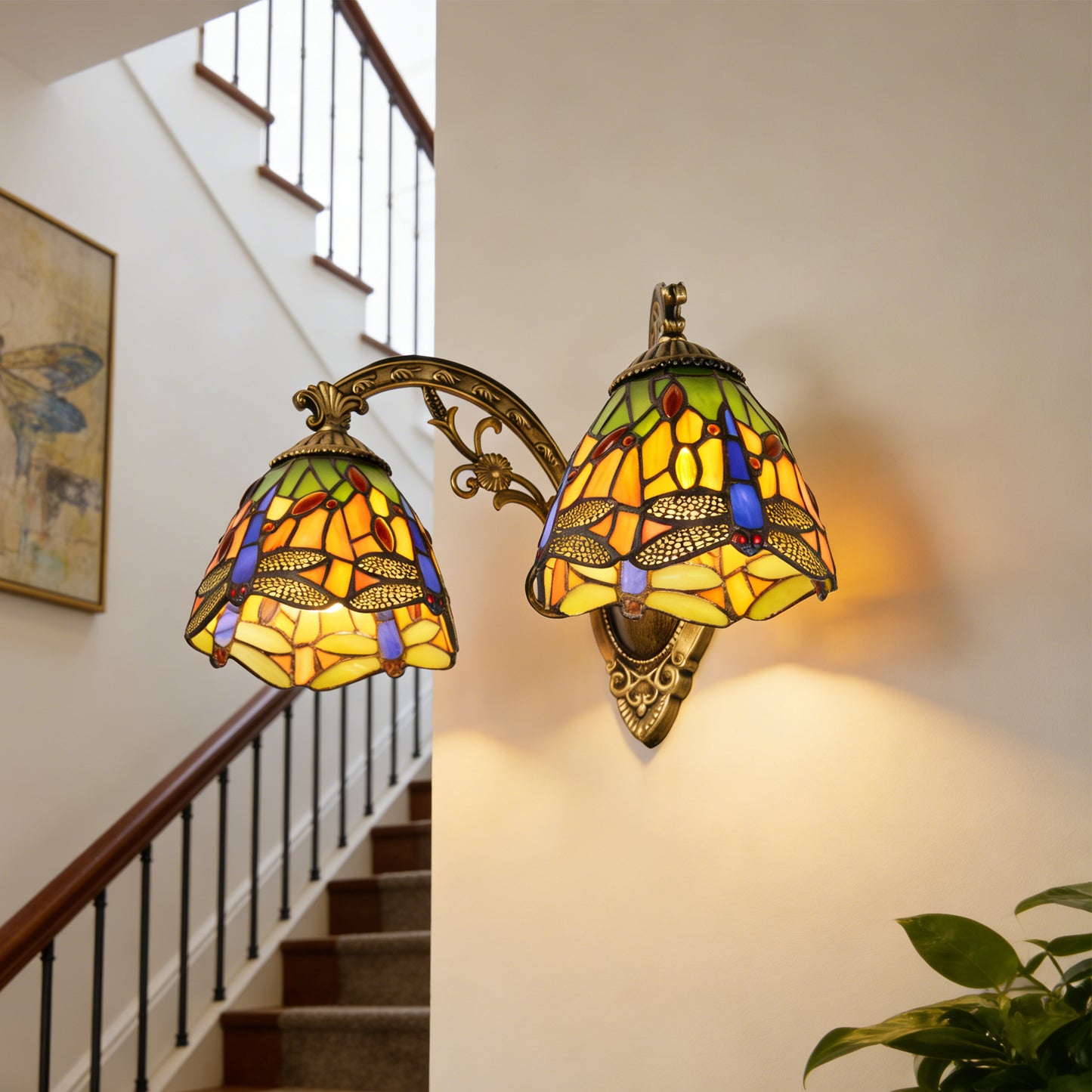 Tiffany Style Dragonfly Stained Glass 2-Light Wall Sconce - Antique Bronze Double E26 Wall Lamp