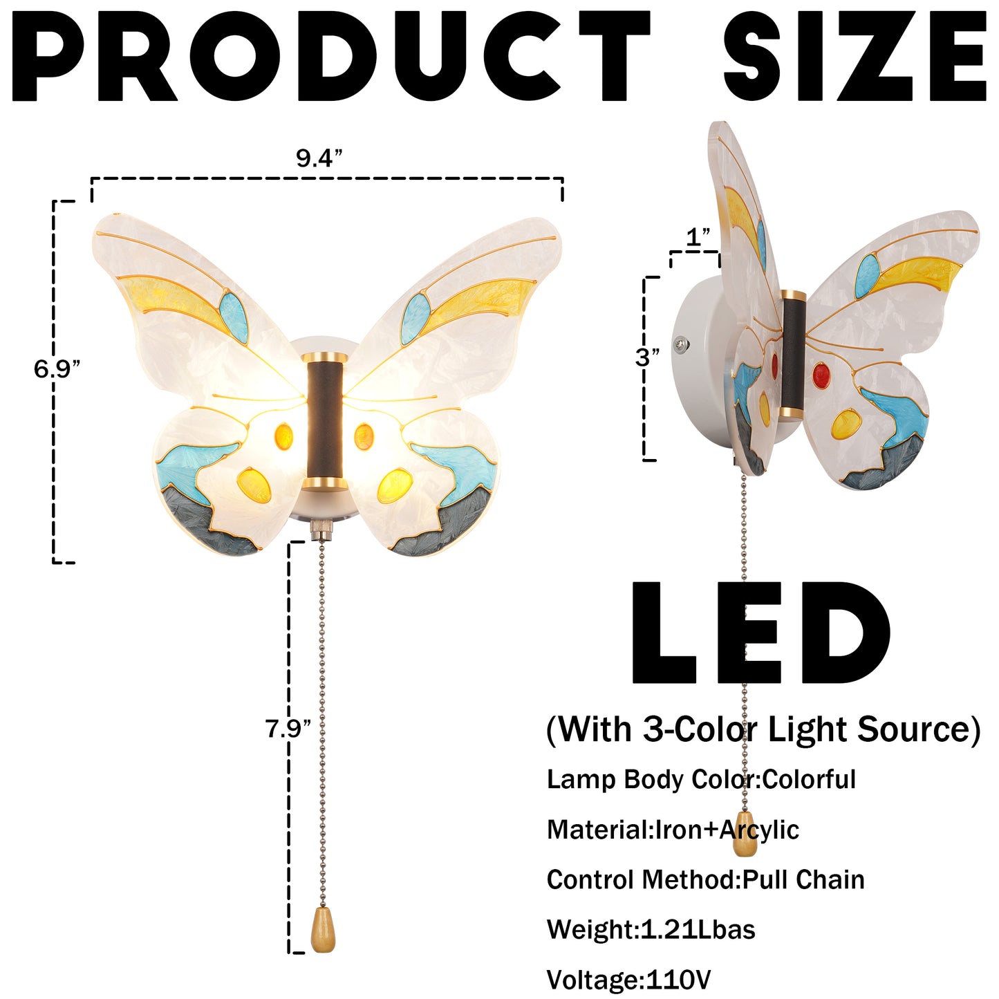 Colorful Butterfly LED Wall Sconce - 3-Color Dimmable Pull Chain Wall Light