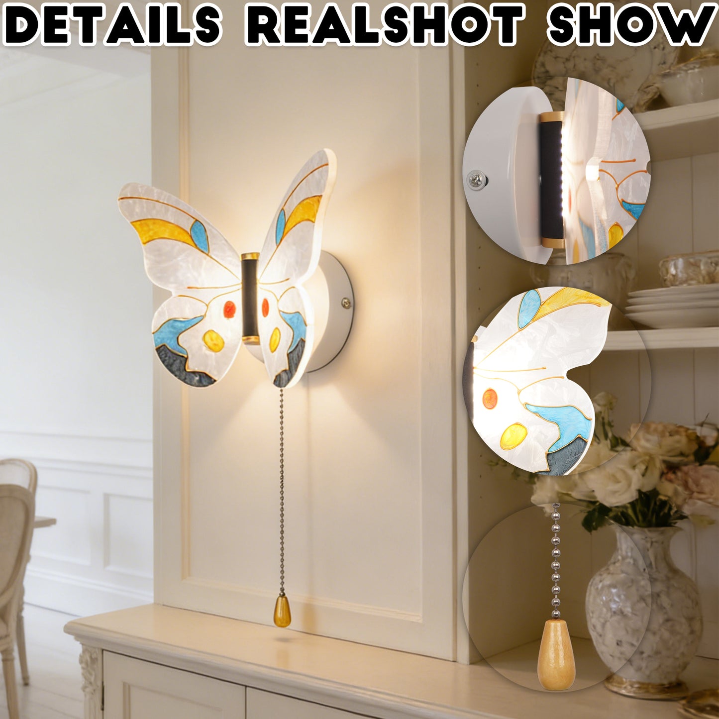 Colorful Butterfly LED Wall Sconce - 3-Color Dimmable Pull Chain Wall Light