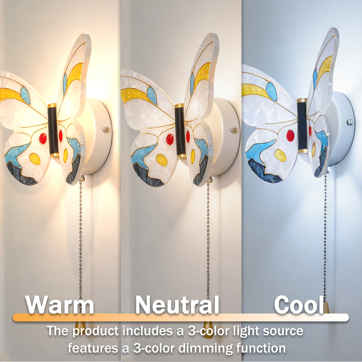 Colorful Butterfly LED Wall Sconce - 3-Color Dimmable Pull Chain Wall Light