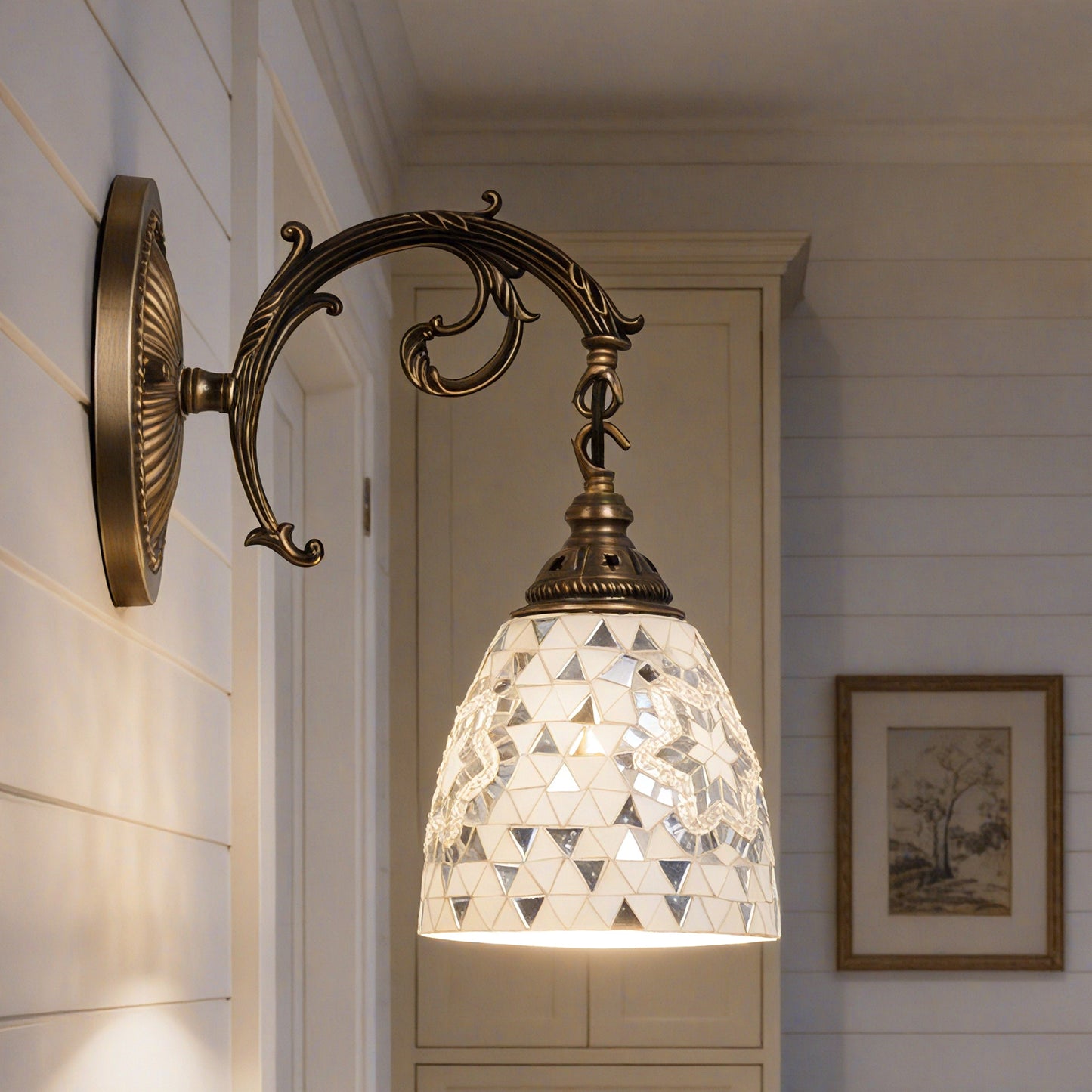 Vintage Mosaic Glass Wall Sconce - Ornate Bronze Wall Light (E26 Base, Warm Light Included)